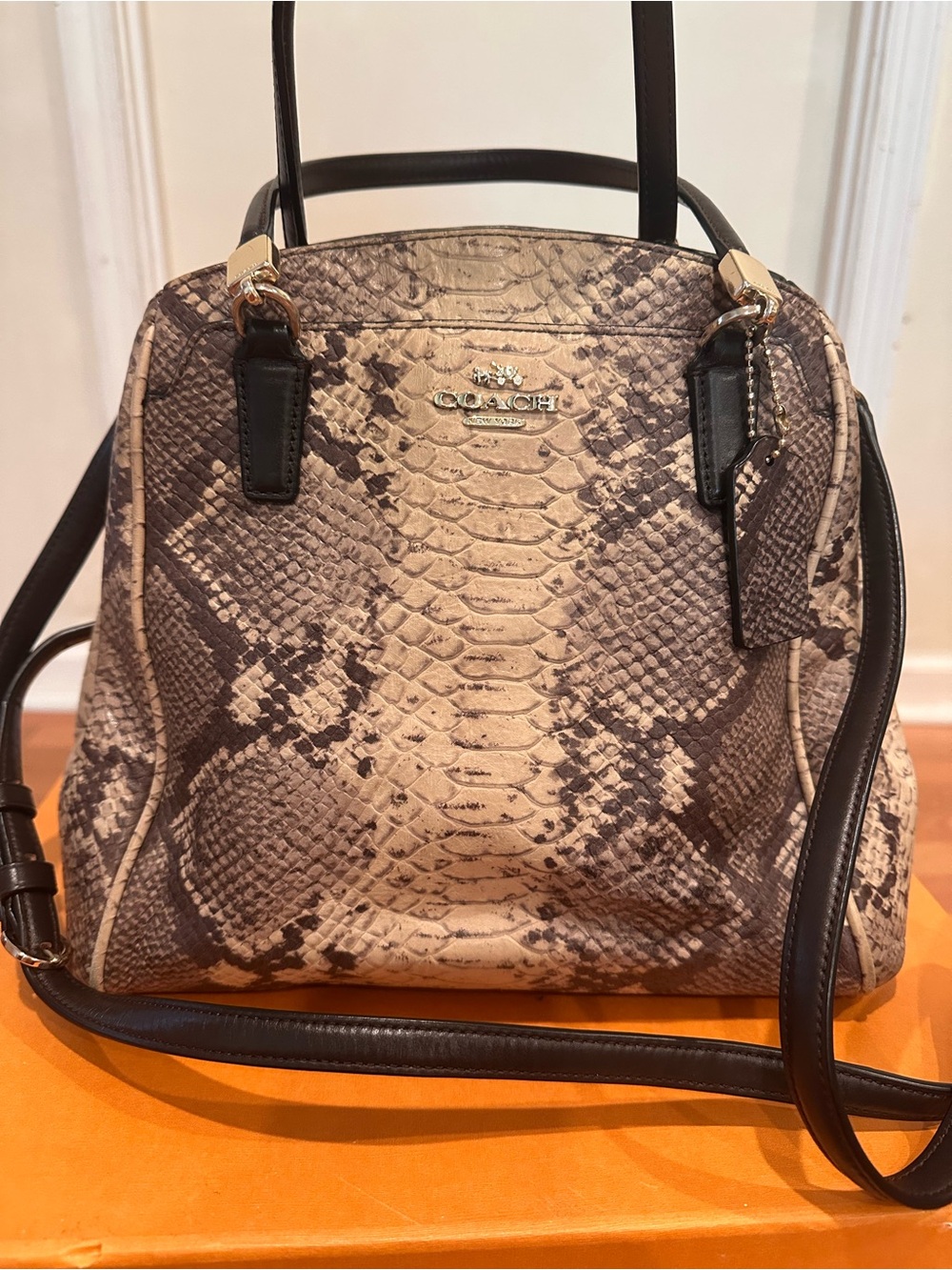 Coach Beige and Black Snake-Print Satchel with Gold Hardware